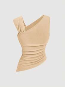 SHEIN MOD Asymmetric Metal Buckle Apricot Women T-Shirt - Apricot - View 2