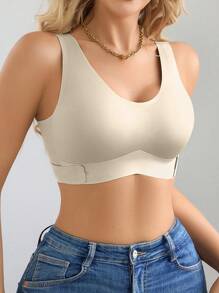 1pc Women Seamless No Padding Elegant Breathable Comfortable Crisscross Back Bandeau Bra Front Closure Brapush Up Sports Bra