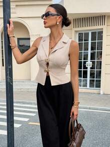 Siren Gaze Women's Elegant Apricot Summer City Break Waistcoat,Lapel Sleeveless Metal Buckle Sun-Shaped Single-Breasted Waistcoat For Commuting,Fall,Business - Apricot - View 6
