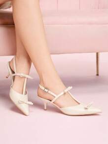CUCCOO DOLLMOD White Bow Closed Toe French Elegant Romantic Fashion Date Afternoon Tea Pointed Toe High Heel Pumps - Beige - View 5
