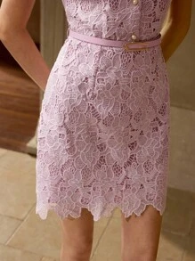 MOTF PREMIUM GUIPURE LACE OVERLAY PUFF SLEEVE BELTED SHORT SHIRT DRESS - Purple - View 2