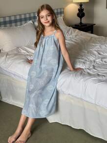 Hapijoa Tween Girl Comfortable Leaf Print Loose Camisole Nightgown, Summer - Blue - View 3