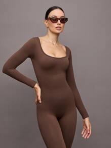 Activina Solid Color Seamless High Elasticity Sports Jumpsuit, Autumn/Winter - Brown - View 7