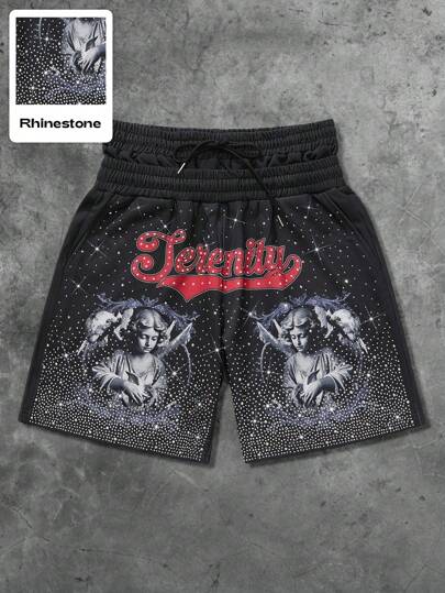 Goth 1 Pair Men & Women Fashion Waistband Angel & Rhinestone Detail Shorts, Street Style