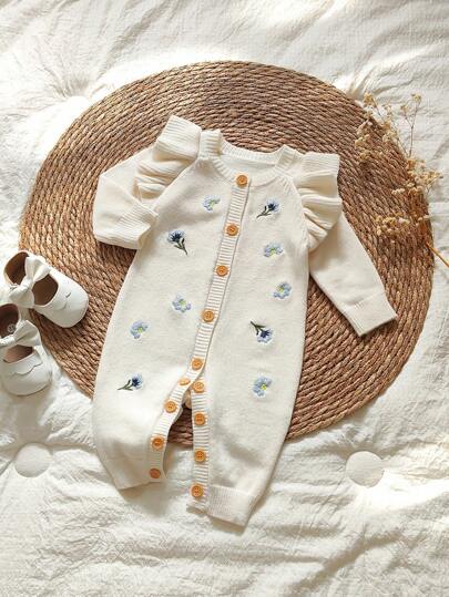 SHEIN Vintaside Kids Långärmad sparkare för spädbarn och flickor med 3D-blomdekor, lämplig för familjesammankomster, Halloween, nyår, Thanksgiving, jul