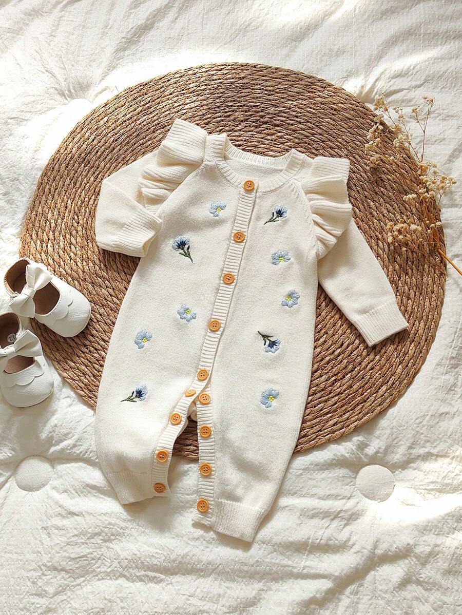 SHEIN Vintaside Kids 婴儿女童长袖连体衣，带有 3D 花朵装饰，适合家庭聚会、万圣节、新年、感恩节、圣诞节 - 米色 - 查看 1