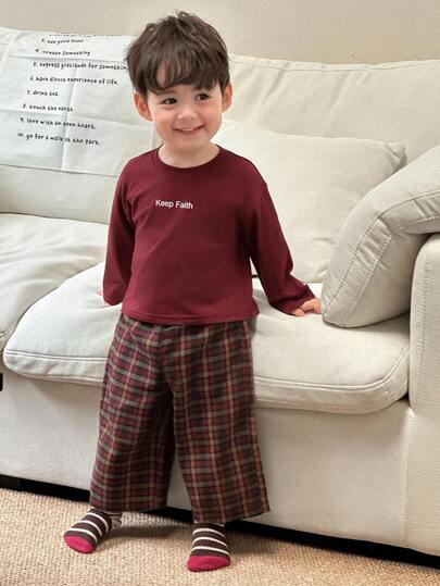 DAZY 2pcs/Set Toddler Boys' Round Neck Solid Color Casual T-Shirt And Plaid Casual Pants Pajamas Set