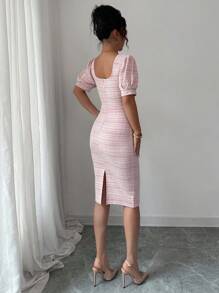 SHEIN PETITE 女士短袖泡泡袖方领高腰修身优雅浪漫中长连衣裙 - 粉色 - 查看 2