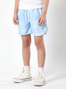 SUMWON 印花尼龙沙滩泳裤 夏季度假泳池抽绳松紧腰休闲冲浪男童青少年服装 - 藍色 - 查看 1