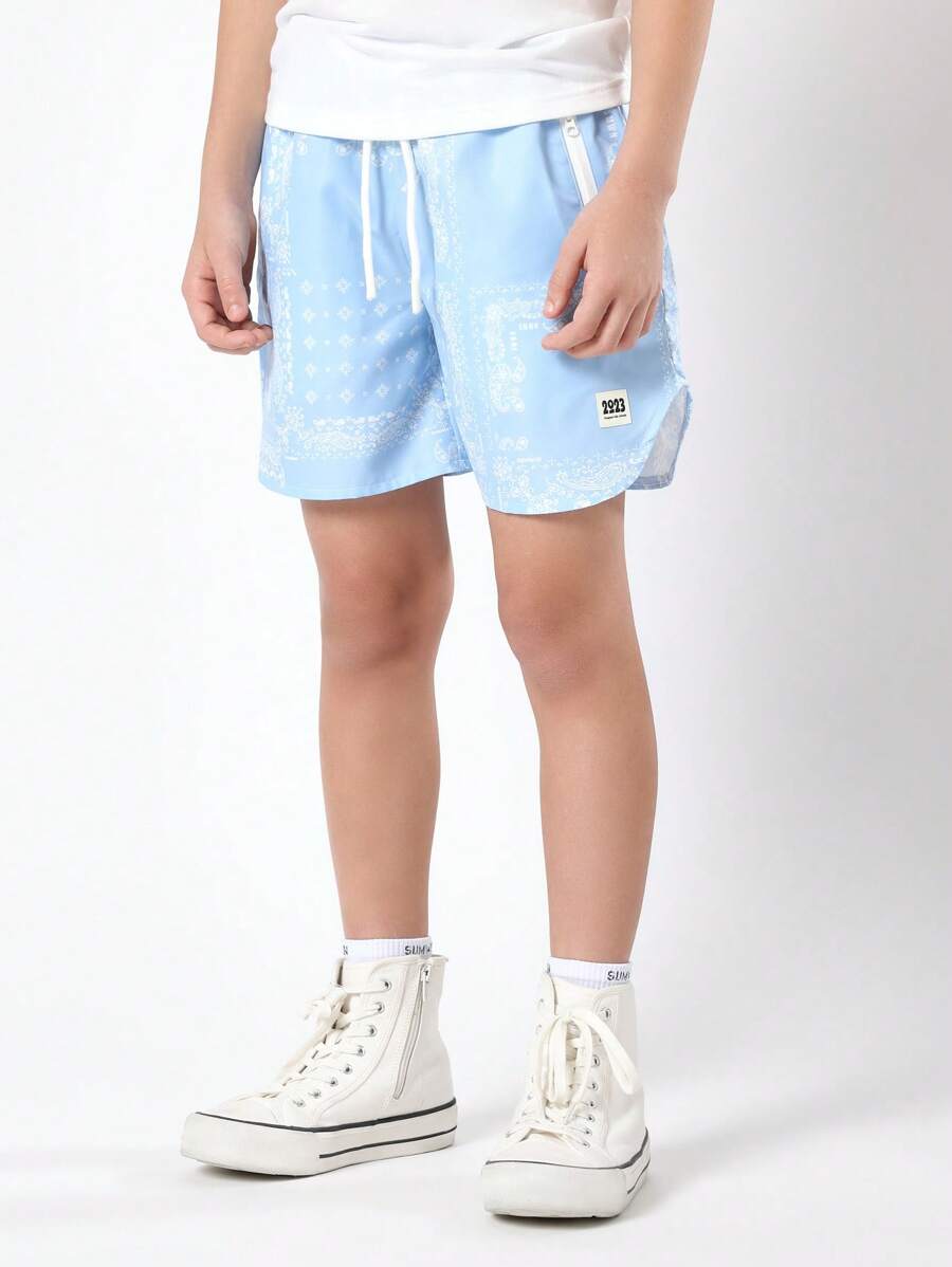 SUMWON 印花尼龙沙滩泳裤 夏季度假泳池抽绳松紧腰休闲冲浪男童青少年服装 - 藍色 - 查看 1