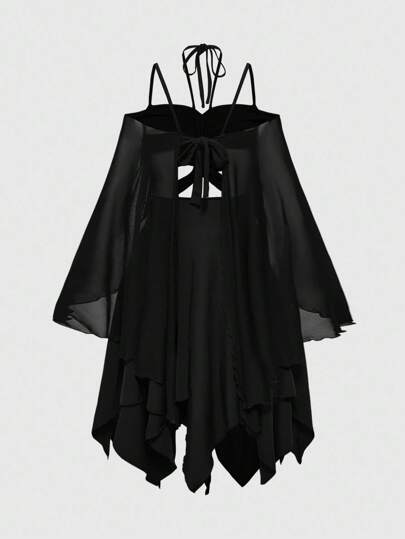 Goth Vestido mini asimétrico con mangas acampanadas, parches y estampado de mariposa en estilo gótico de Halloween