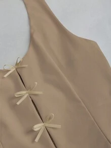 Sweetra Camiseta de tirantes elegante con cuello de halter y decoración de lazo para mujer en verano - Caqui - Ver 3