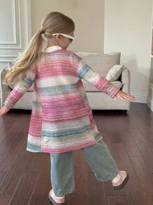 SHEIN Young Girl 1pc Colorful Striped Knitted Open Front Coat , Autumn And Winter,Daily Wear,Preppy,Vintage Fall - Multicolor - View 2
