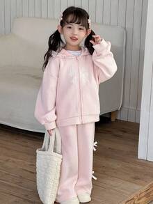 DAZY 2pcs Young Girls Hooded Bow Lace Cute Fresh Long Sleeve Sweatshirt And Loose Casual Pants Set Fall,Winter - Grey - View 5