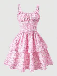 少女法式复古细肩带修身双荷叶边下摆连衣裙，适合度假、派对、春季、假日、夏季、旅行 - 彩色 - 查看 3