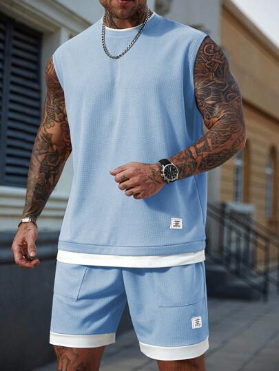 Manfinity Homme Casual Men's Blue Round Neck Tank Top And Shorts Set In Knitted Fabric