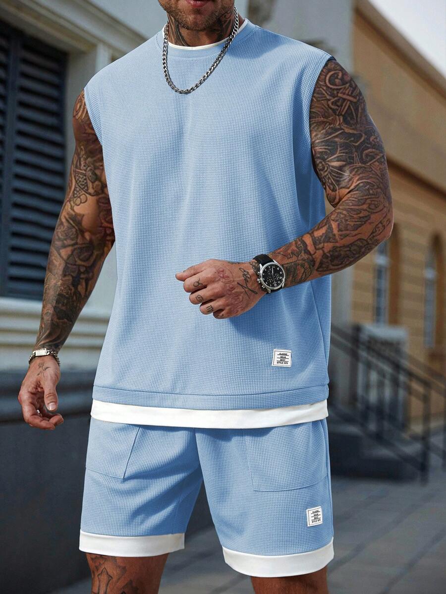 Manfinity Homme Casual Men's Blue Round Neck Tank Top And Shorts Set In Knitted Fabric