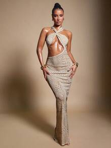 Hauture Đầm Maxi Dệt Kim Họa Tiết Da Báo Cổ Halter Chéo Phía Trước Gợi Cảm Cho Nữ - Màu be - Xem 3