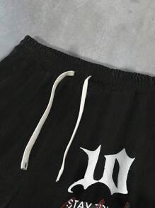 Manfinity Roghcode 男士休闲撞色边饰波尔卡圆点和字母印花抽绳运动裤黑色图案运动裤男士运动裤黑色运动裤搭配白色图案运动裤拉链图案运动裤，送给男朋友的一份好礼物，开学季 - 彩色 - 查看 4
