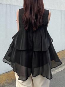 FRIFUL 女式黑色纯色圆领无袖休闲百搭T恤，带荷叶边 - 黑色 - 查看 10