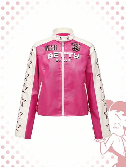 Betty Boop | ROMWE Y2K Cartoon Figure Graphic Embroidered Sweet & Cool Motorcycle Biker Chic PU Patchwork Racing Jacket For Women