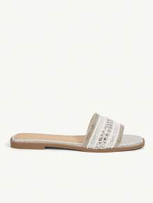 CUCCOO CHICEST Women's Sparkling Crystal Woven Square Toe Flat Sandals, Elegant & Comfortable, White/Silver/Metallic, Suitable For Spring/Summer, Casual, Afternoon Tea, Date, Holiday, Beach, Halloween - White - View 9