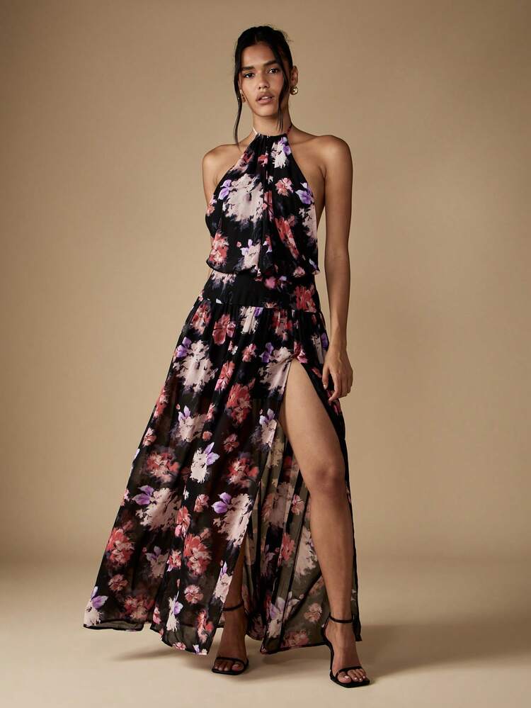 MISSGUIDED Floral Halter Neck Maxi Dress Flowing A Line Side Slit Backless Summer Wedding Guest Party Gown Evening Occasion Sleeveless Dress