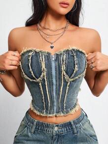 SHEIN EZwear Women's Summer Fashion Frayed Zippered Denim Bustier Top - Blue - View 1