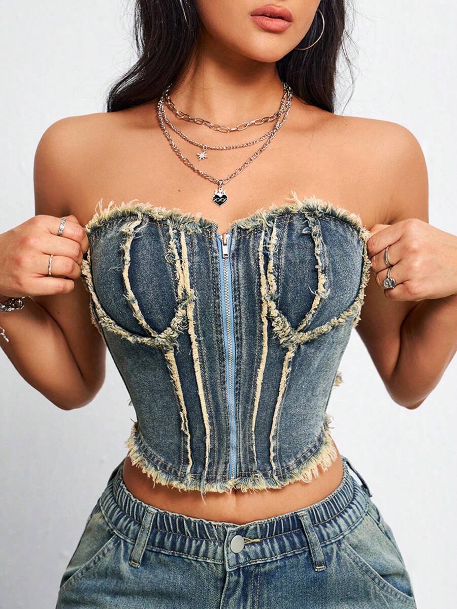 SHEIN EZwear Women's Summer Fashion Frayed Zippered Denim Bustier Top - Blue - View 1