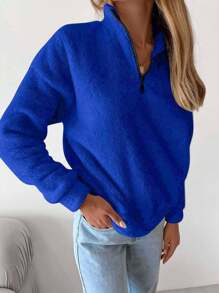 SHEIN Cottnline 女士純色下垂肩半拉鍊毛絨衫 - 寶藍色 - 查看 4