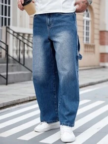 Manfinity Homme Men's Casual Loose Fit Multi-Pocket Blue Denim Cargo Pants, Street Style Baggy Jeans Loose Jeans - Medium Wash - View 1