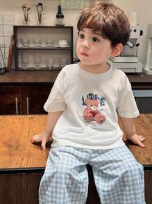 Hapijoa 2 件套幼儿男童卡通印花休闲圆领 T 恤和格子裤家居服套装 - 白色 - 查看 9