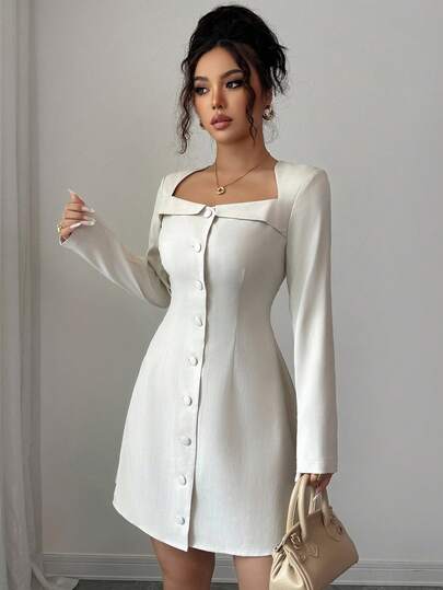 Elenzga 女士优雅梯形领办公室通勤连衣裙，法式浪漫风格，长袖，短款，腰部收紧，前扣开合，秋冬