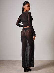 COSMINA Women's Striped Mesh Sequin Single-Breasted Cropped Long Sleeve Top And Mini Skirt Sexy 2 Pieces Set