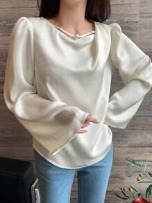 DAZY 女式宽松纯色斜领串珠优雅休闲衬衫，秋季长袖上衣