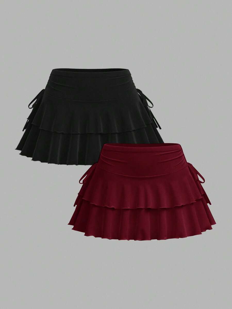 SHEIN PETITE 2 件套女士休闲简约褶饰腰蛋糕中长裙，黑色和酒红色 - 彩色 - 查看 1