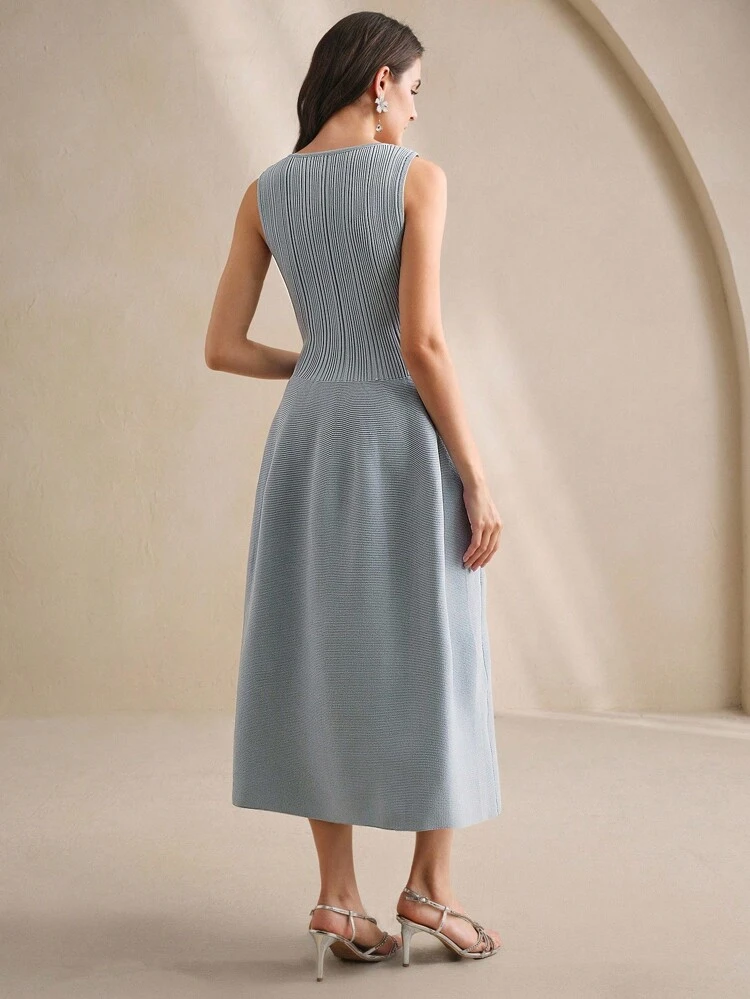 Grey-Blue Knit Rhinestone U-Neck Elegant Fitted Sleeveless Dress For Women