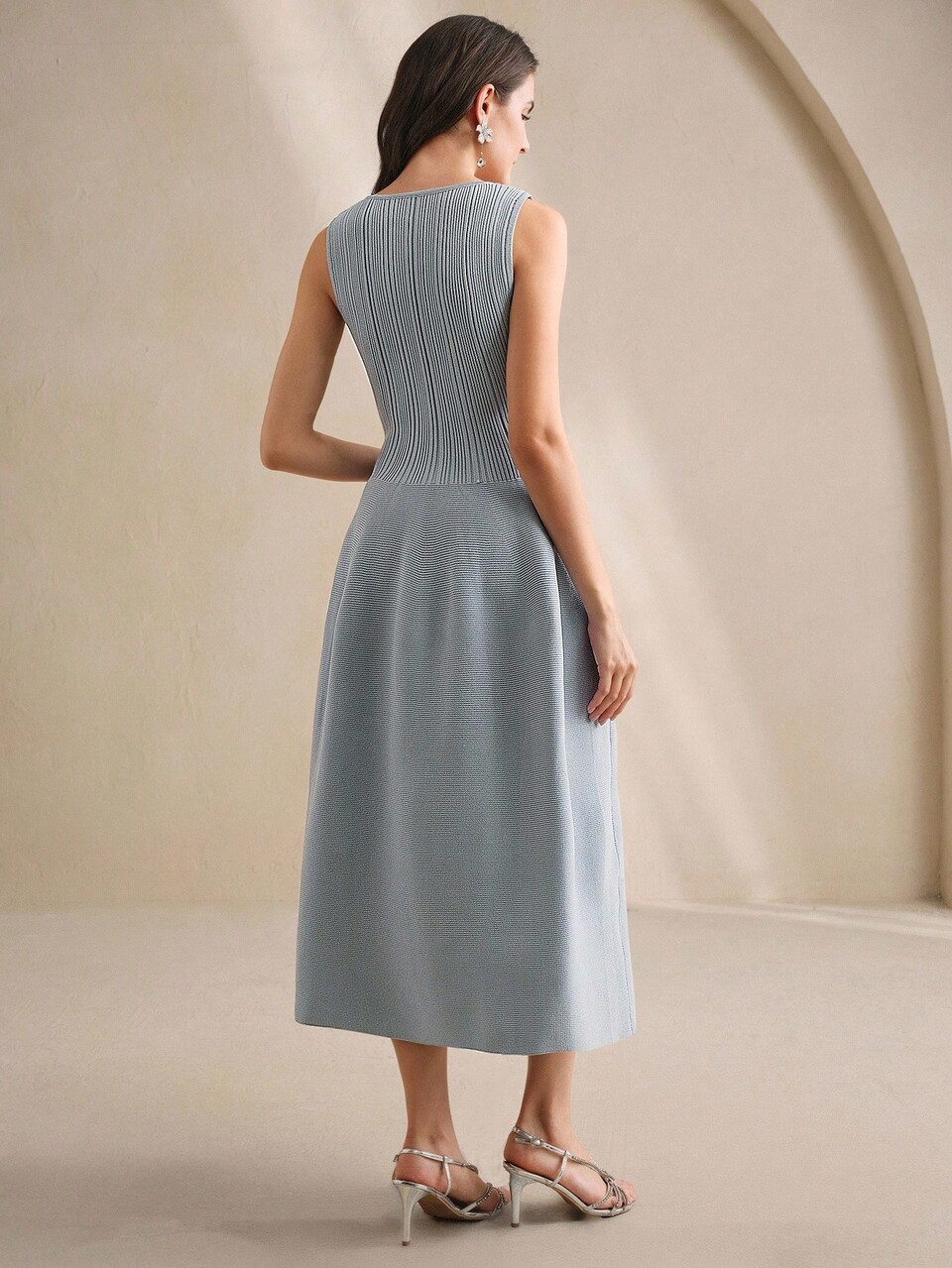 Grey-Blue Knit Rhinestone U-Neck Elegant Fitted Sleeveless Dress For Women