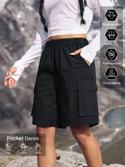 Flexra 女士松紧腰工装口袋阔腿宽松休闲牛仔短裤