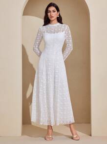 Graceveil Váy dài tay kiểu Pháp thanh lịch dệt kim jacquard cho nữ - trắng - Xem 4