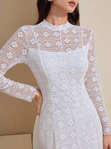Graceveil Váy dài tay kiểu Pháp thanh lịch dệt kim jacquard cho nữ - trắng - Xem 6