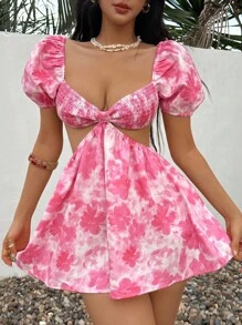 SHEIN Unity 女式休闲度假百搭时尚扎染花卉印花泡泡袖迷你连衣裙，春夏 - 粉色 - 查看 4