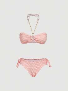 SHEIN MOD 贝壳装饰露背吊带上衣，荷叶边饰有蝴蝶结，泡泡雪纺三角泳裤，两件套比基尼，可爱，卡哇伊 - 淺粉色 - 查看 1