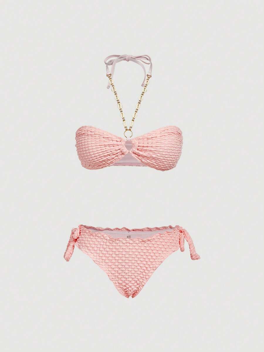 SHEIN MOD 贝壳装饰露背吊带上衣，荷叶边饰有蝴蝶结，泡泡雪纺三角泳裤，两件套比基尼，可爱，卡哇伊 - 淺粉色 - 查看 1