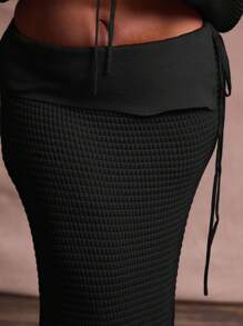 MUSERA 大码中腰不对称翻边系带钩针编织长裙，适合度假、游泳、性感、浪漫、优雅、时尚的夏季优雅连衣裙 - 黑色 - 查看 5