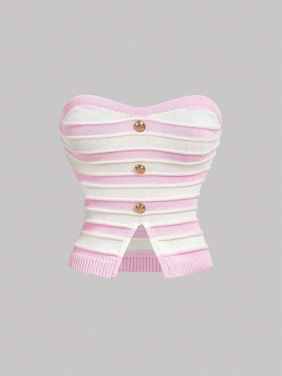 SHEIN MOD 女士浅粉色条纹金属扣吊带针织上衣 - 淺粉色 - 查看 1