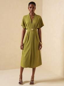Vesra Elegant Olive Green Midi Dress With Batwing Sleeves And V-Neck For Formal Events - Olive Green - View 3