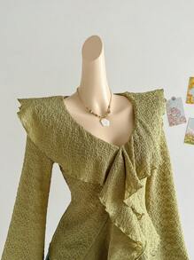 Soleia Áo cánh dài tay viền bèo nhún thời trang dành cho nữ Áo bèo nhún Áo cánh dài tay bèo nhún dành cho nữ - Màu xanh Ô liu - Xem 4