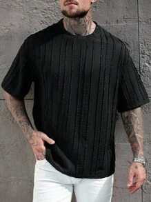 Manfinity RSRT 男士针织纹理提花圆领短袖休闲T恤 - 黑色 - 查看 6