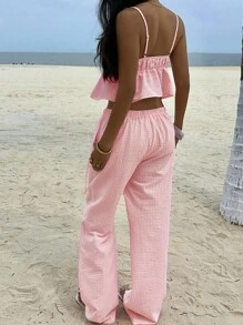 Sunnyshic 两件套：粉白格纹V领吊带背心，荷叶边装饰，搭配高腰阔腿裤，甜美优雅休闲度假简约日常穿搭，夏季 - 彩色 - 查看 2